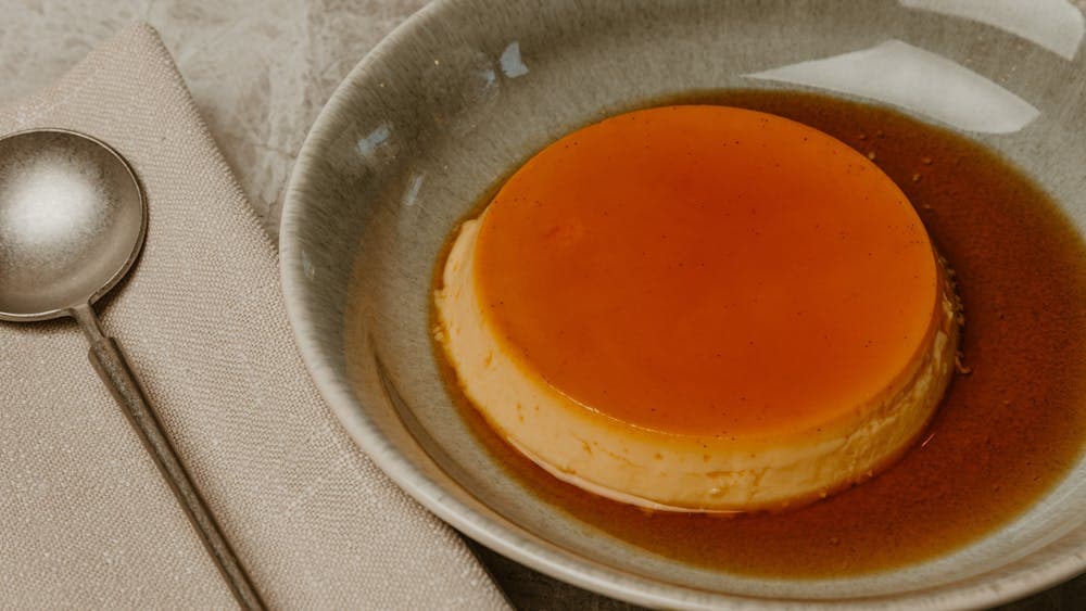 orange and chilli flan with matcha ice cream