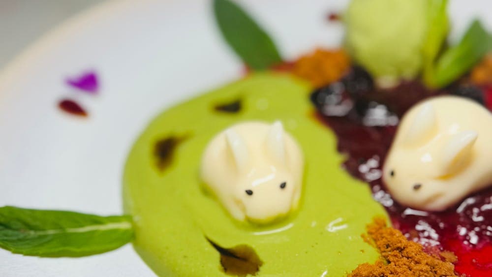 Milk cream jelly with Berry, Green tea and Kuromitsu sauce with  Matcha Ice cream