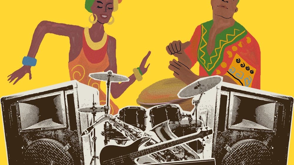 Image of Speakers and a collage of musical instruments & 2 traditionally dressed african musicians