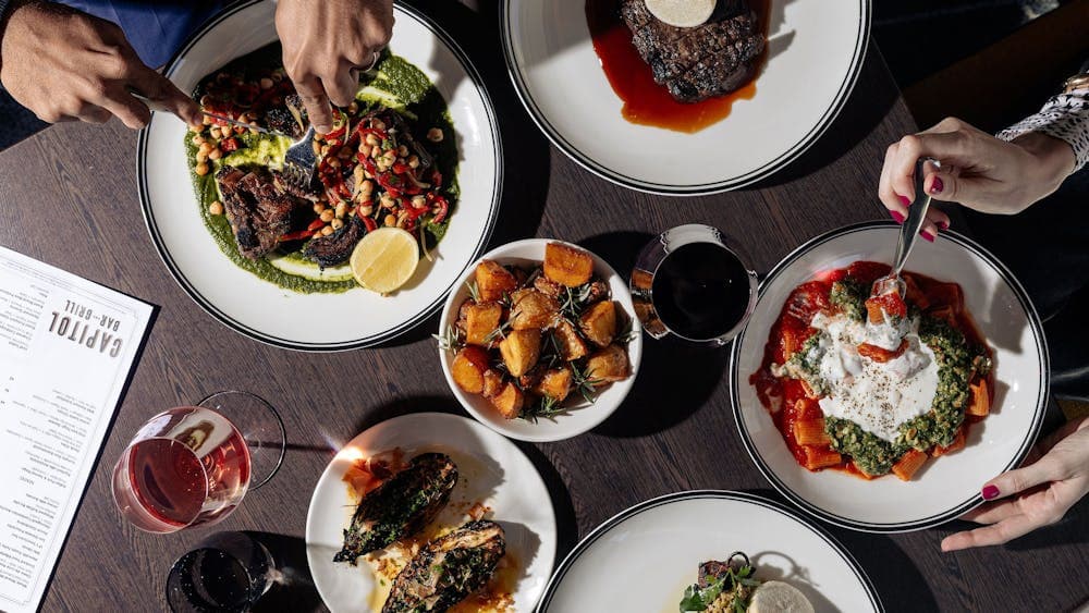 Pasta, steak, wine